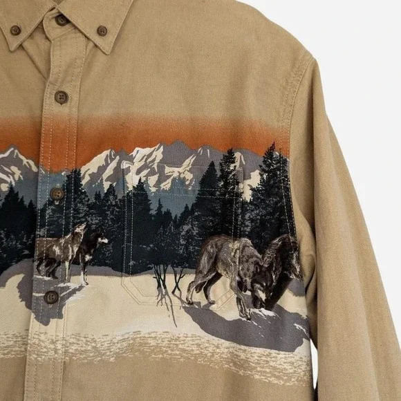 Croft & Barrow Wolf Mountain Scene Novelty Print Button Up Shirt Tan Medium - Picture 5 of 8